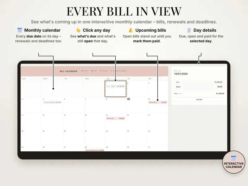 Every bill in view: October 2026 bill calendar with rent $1,200.00 paid on Oct 1 and a day panel showing $1,200.00 due, $0.00 open