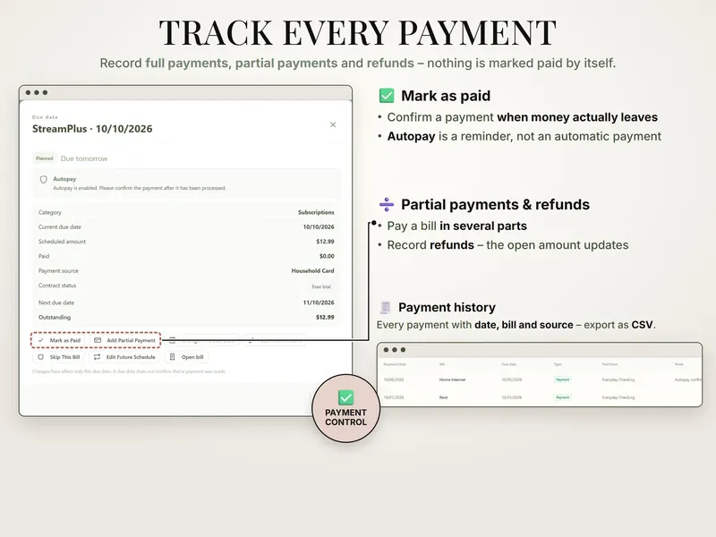Track every payment: due date dialog for StreamPlus on 10/10/2026 – planned, due tomorrow, autopay note – and a payment history below