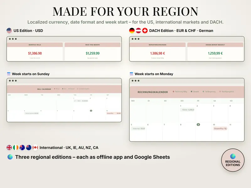 Made for your region: US edition in dollars with weeks from Sunday, DACH edition in euros with German labels and weeks from Monday