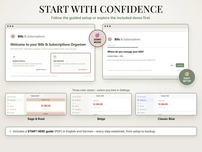 Start with confidence: welcome screen with Explore Demo or Get Started, setup step 2 of 5, and Sage & Rosé, Beige and Classic Blue styles