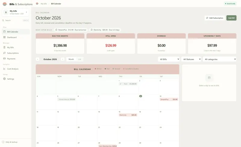Bill calendar for October 2026 below due this month $1,386.98, still open $126.99, overdue $0.00 and upcoming 7 days $97.99