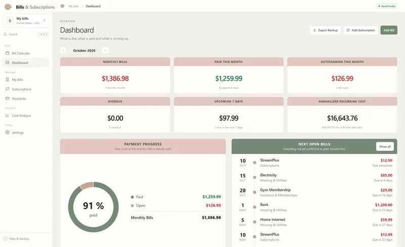 Web app dashboard for October 2026: monthly bills $1,386.98, paid $1,259.99, outstanding $126.99, annualized recurring cost $16,643.76