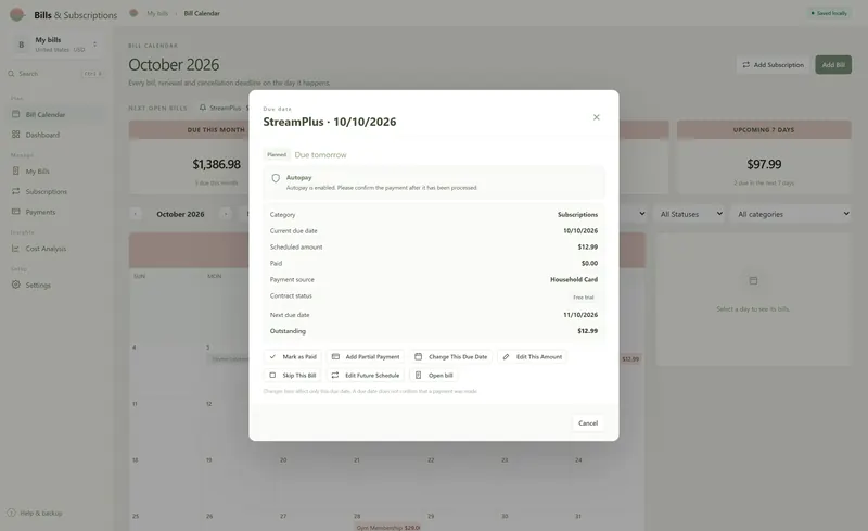 Due date dialog for StreamPlus on 10/10/2026: scheduled amount, $0.00 paid, autopay note and buttons such as Mark as Paid and Skip This Bill