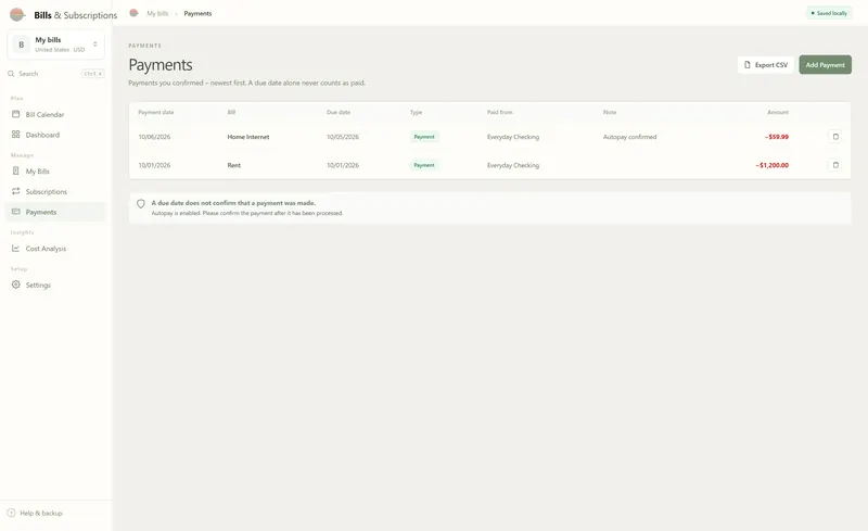Payments list: Home Internet −$59.99 on 10/06/2026 and rent −$1,200.00 on 10/01/2026, both paid from Everyday Checking