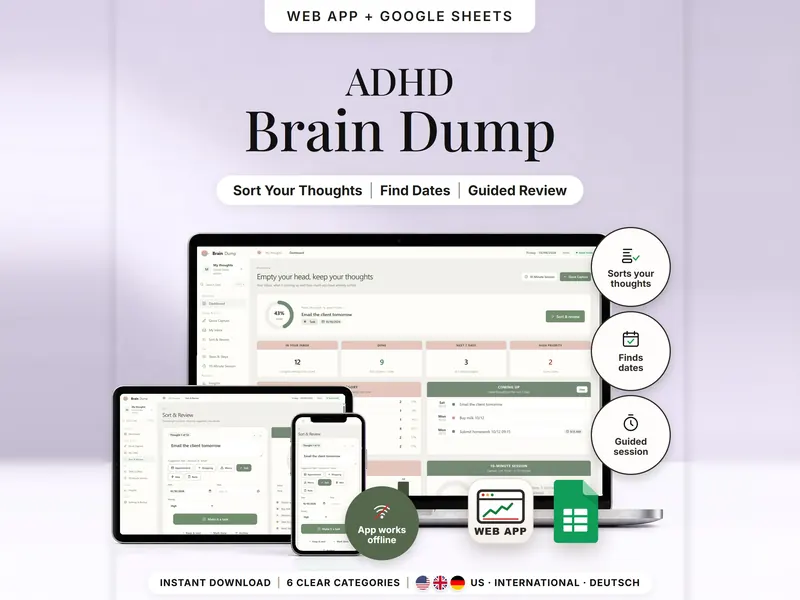 ADHD Brain Dump: dashboard with 43% sorted and 12 thoughts in the inbox on a laptop, Sort & Review on a tablet and a phone