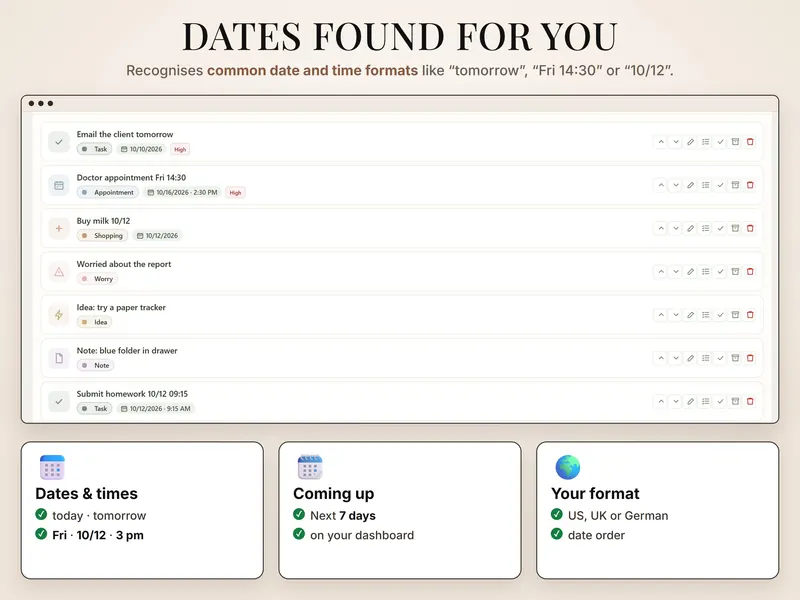 Dates found for you: Doctor appointment Fri 14:30 read as 10/16/2026 2:30 PM, Buy milk 10/12 as 10/12/2026