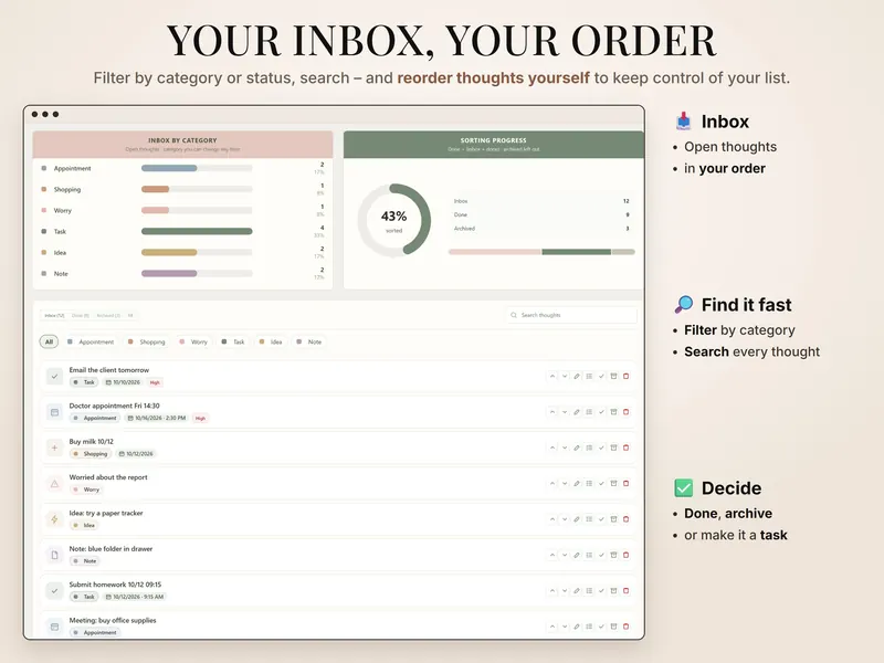 Your inbox, your order: inbox by category with 12 open thoughts, 43% sorted, category filters and the list of thoughts