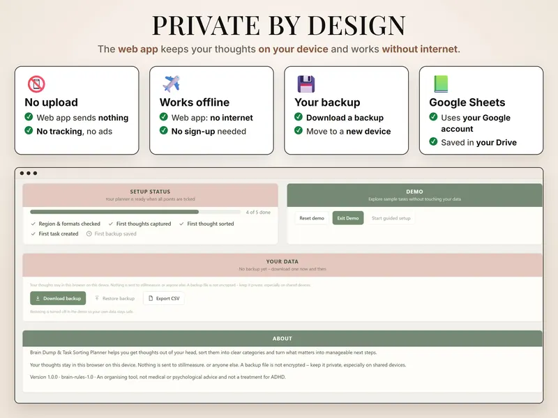 Private by design: no upload, works offline, your backup, Google Sheets in your Drive – above the setup status and Your data panel
