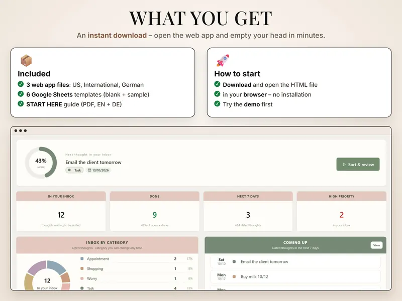 What you get: 3 web app files, 6 Google Sheets templates and the START HERE guide, above the dashboard with 12 in the inbox