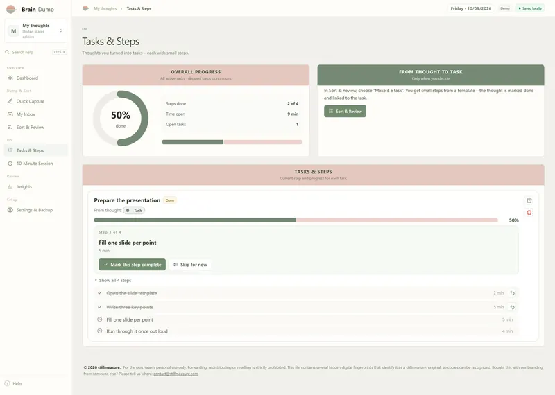 Tasks & Steps: 50% done, 2 of 4 steps, 9 min open, Prepare the presentation at step 3 of 4