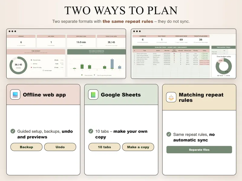 App and Google Sheets: the web app's time budget and the Google Sheets Today tab side by side, both at 38 of 45 minutes