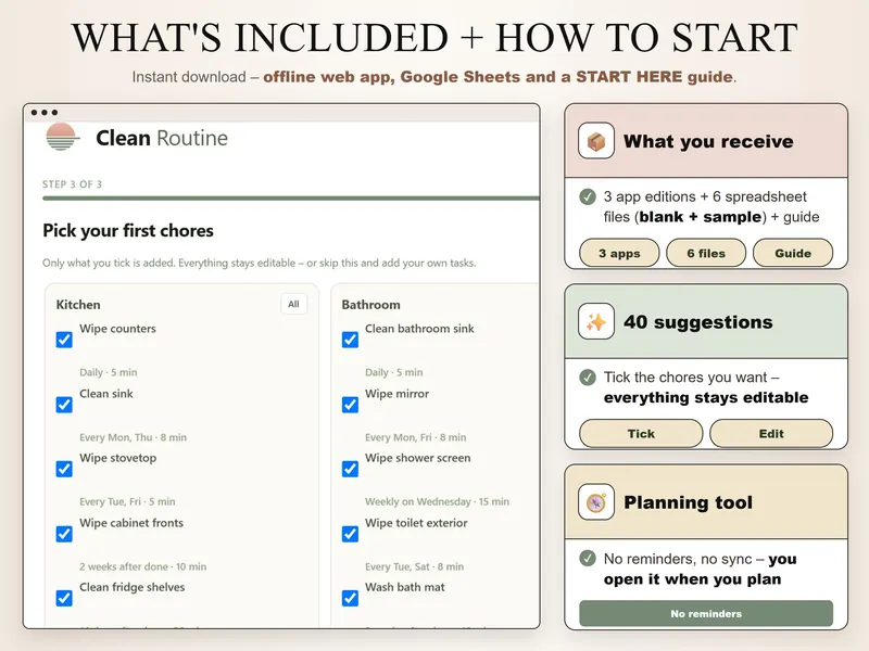 What's included: setup step 3 of 3, Pick your first chores, with kitchen and bathroom suggestions and their repeat rules