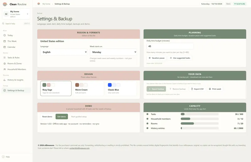 Settings & Backup: daily time budget 45 minutes, vacation pause, suggested tasks, three color themes, export and capacity