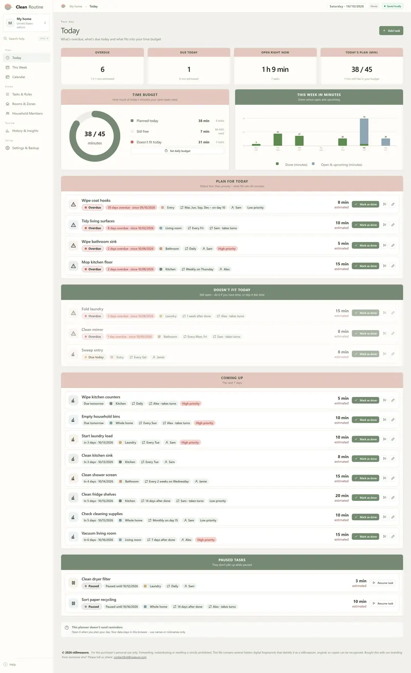 Today page: 6 overdue, 1 due today, 1 h 9 min open, 38 of 45 minutes planned, time budget ring and minutes this week