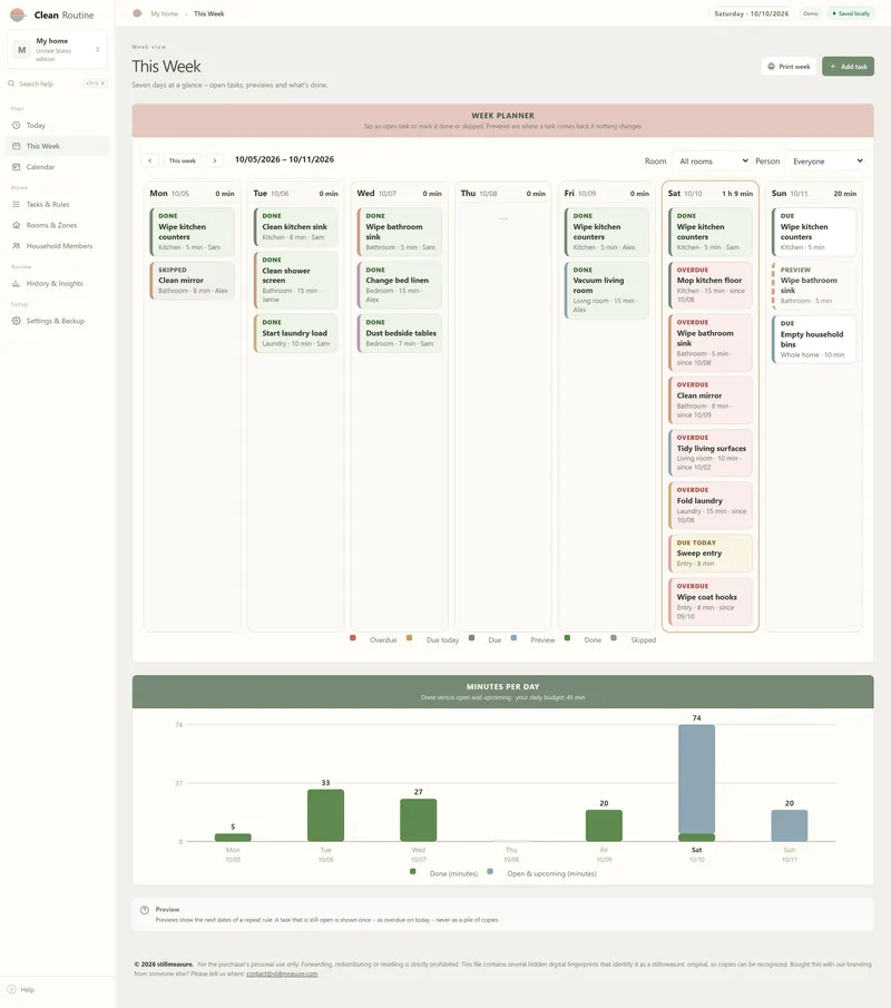 This Week page: week planner 10/05–10/11/2026 with a room and person filter and done, skipped, overdue and preview cards
