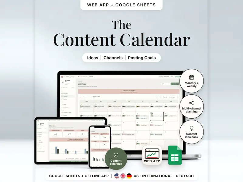 The Content Calendar: October 2026 month view with channel entries on a laptop, plus the overview on a tablet and a phone