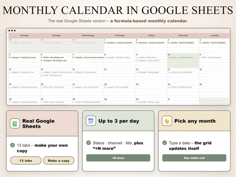 Google Sheets calendar: October 2026 grid with up to 3 channel entries per day, each with status letter, channel and title