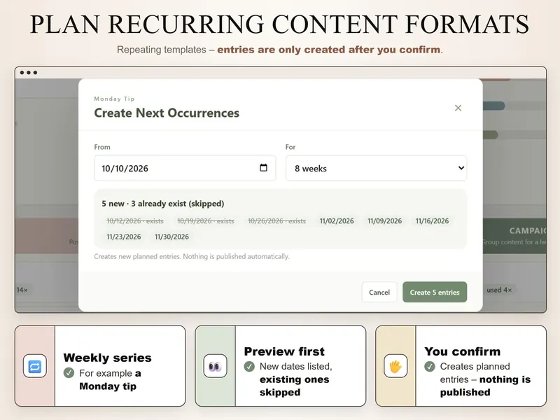 Recurring formats: Create Next Occurrences for a Monday tip over 8 weeks – 5 new dates, 3 existing ones skipped