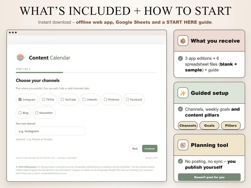 What's included: setup step 1 of 3, Choose your channels, plus 3 app editions, 6 spreadsheet files and a guide