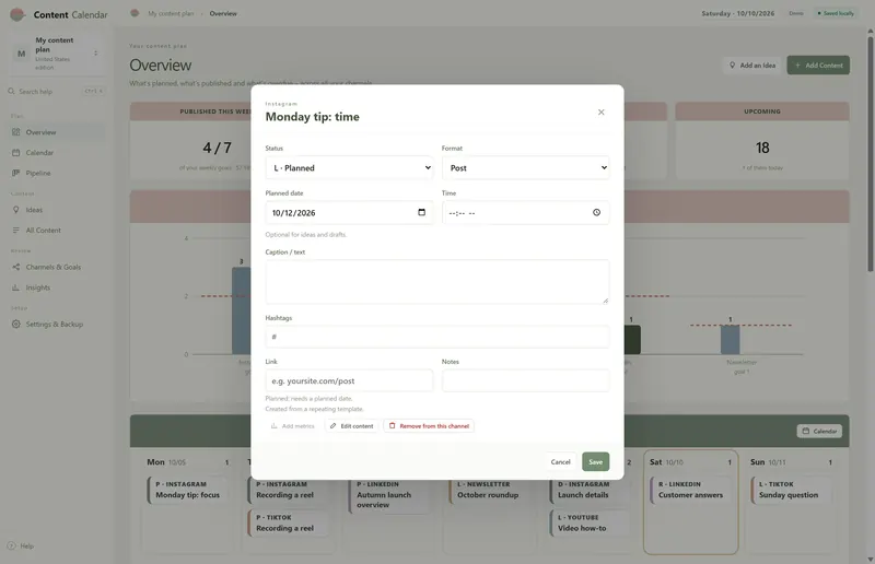 Channel entry dialog for “Monday tip: time” – status L · Planned, format Post, planned date 10/12/2026, caption, hashtags, link