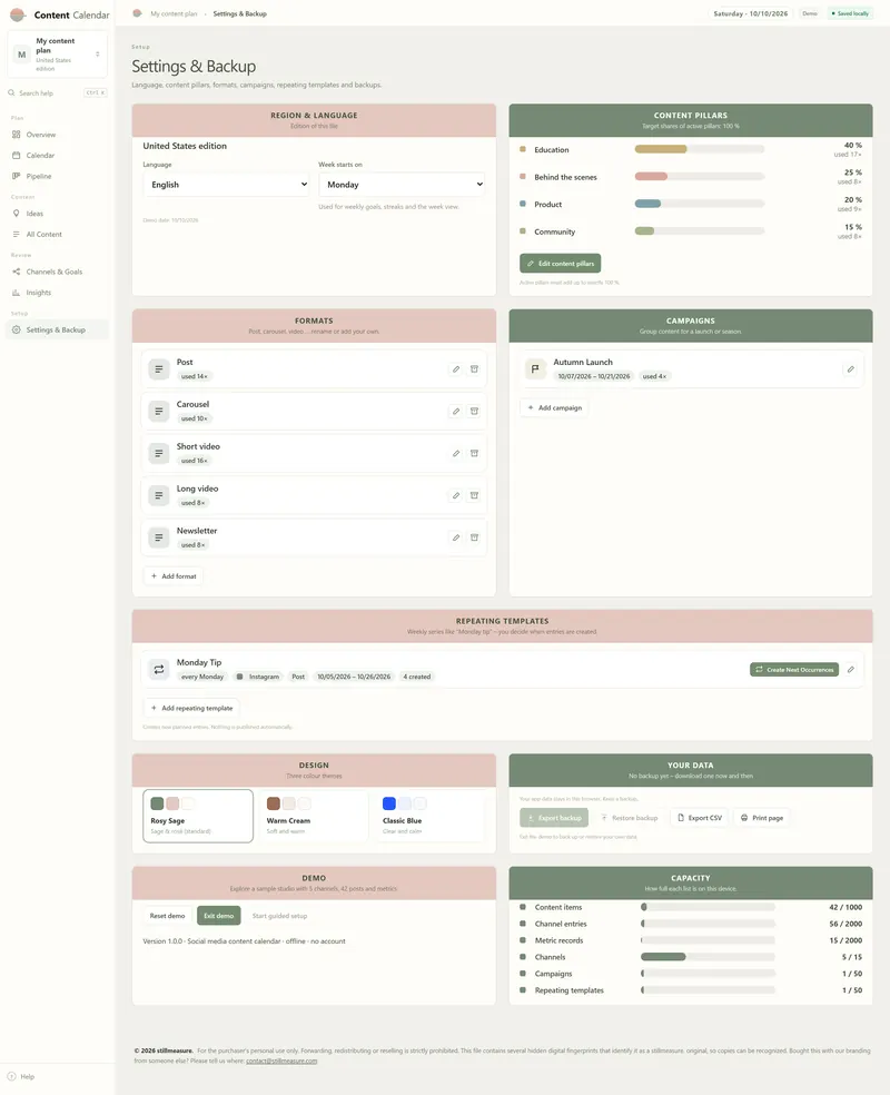 Settings & Backup: content pillars at 40, 25, 20 and 15%, formats such as Post and Carousel, and an Autumn Launch campaign