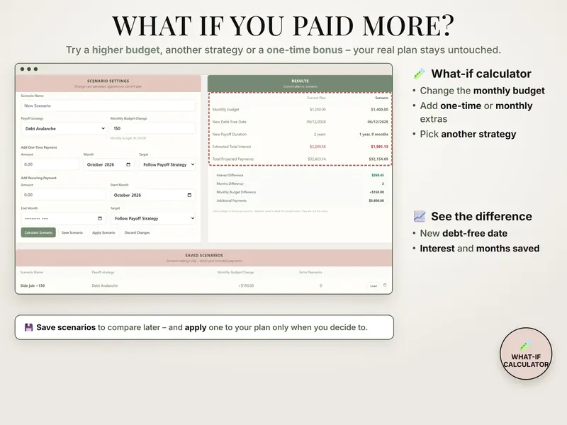 What if you paid more? Budget raised to $1,400.00: projected payoff moves from 09/12/2028 to 06/12/2028, interest from $2,249.58 to $1,981.13