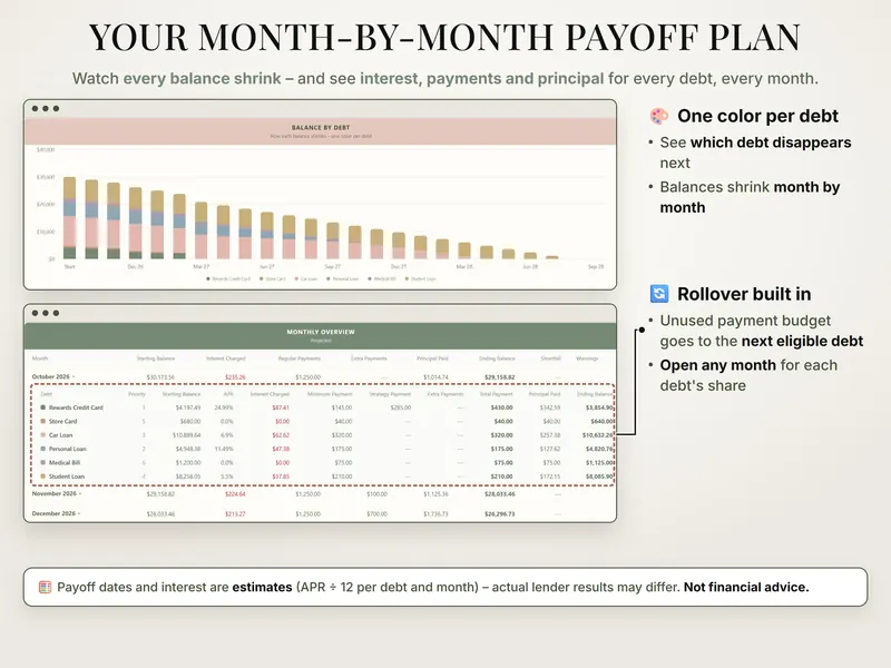 Your month-by-month payoff plan: balance by debt bar chart and October 2026 – $30,173.56 at the start, $235.26 interest, $29,158.82 at the end