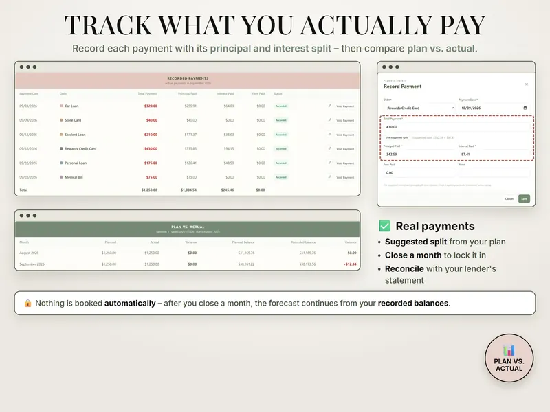 Track what you actually pay: September 2026 payments totaling $1,250.00, a Record Payment dialog and a plan vs. actual table