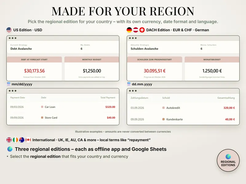 Made for your region: US edition in dollars with mm/dd/yyyy dates beside the DACH edition in euros with dd.mm.yyyy dates and German labels