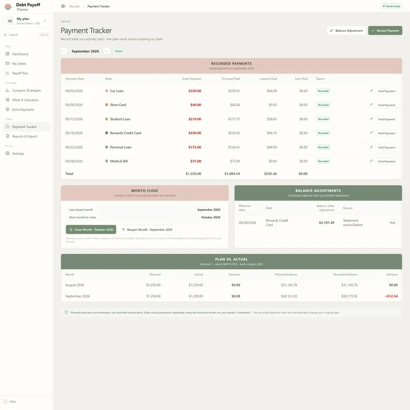 Payment Tracker for September 2026 (closed): six payments totaling $1,250.00 – $1,004.54 principal, $245.46 interest – and a balance adjustment