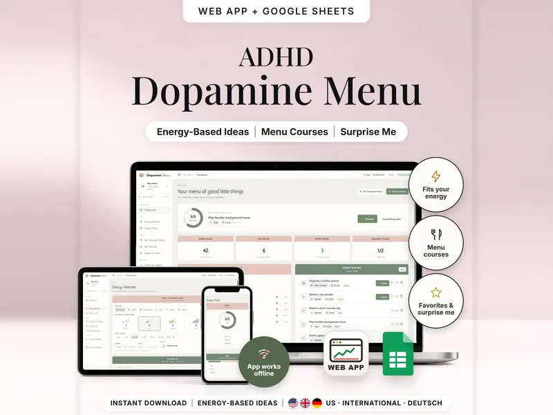 ADHD Dopamine Menu: dashboard on a laptop – an idea for right now, 42 menu ideas, 6 favorites, 3 done today, desserts 1/2