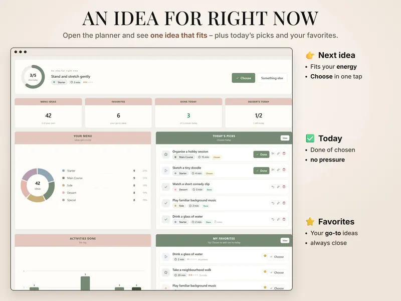 An idea for right now: Stand and stretch gently, 3 min, with 42 ideas by course, 3 done today and today's picks