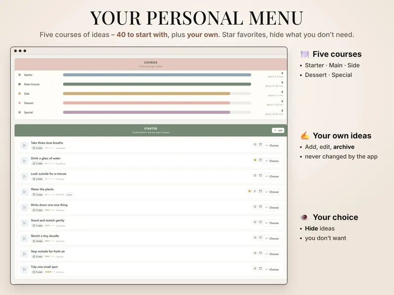 Your personal menu: five course bars with 9, 9, 8, 8 and 8 ideas and the starter list from Take three slow breaths