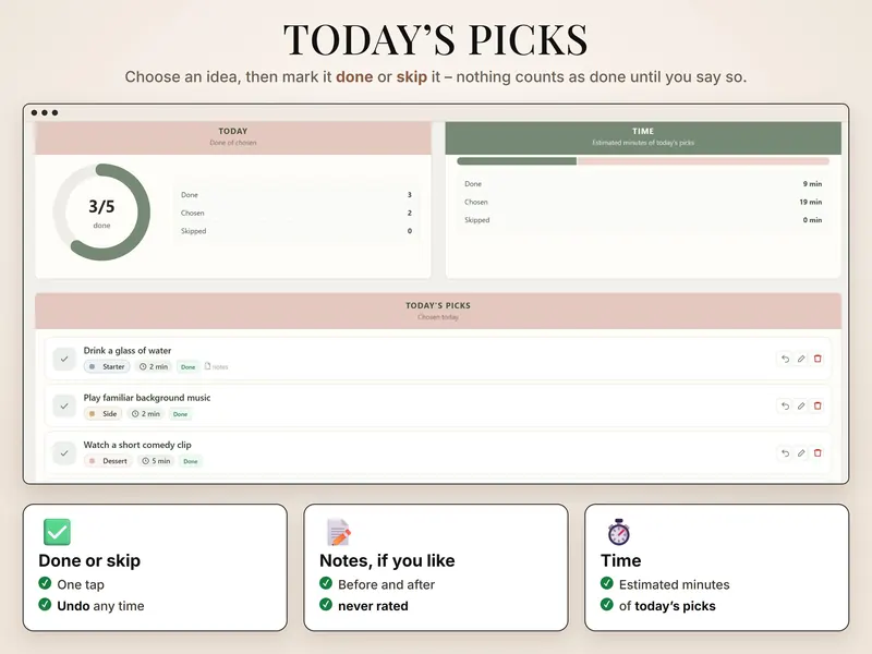 Today's picks: 3 of 5 done, 9 min done and 19 min chosen, with Drink a glass of water, background music and a comedy clip