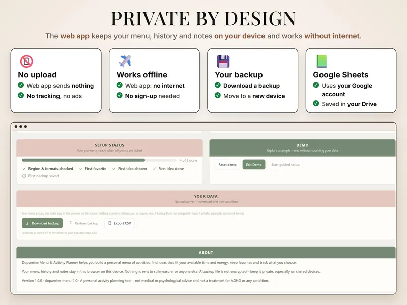 Private by design: cards for no upload, works offline, your backup and Google Sheets, above setup status and Your data