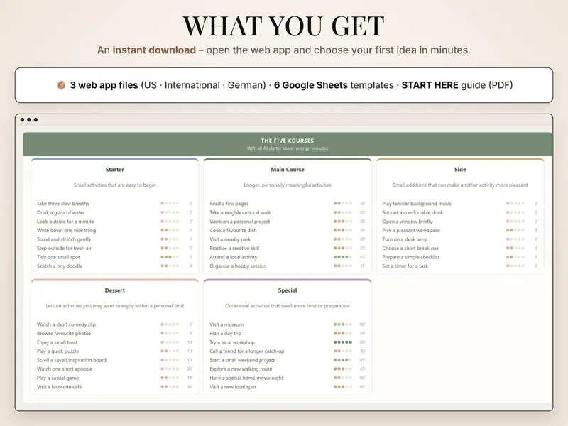 What you get: 3 web app files, 6 Google Sheets templates, START HERE guide, and the five courses with all 40 starter ideas