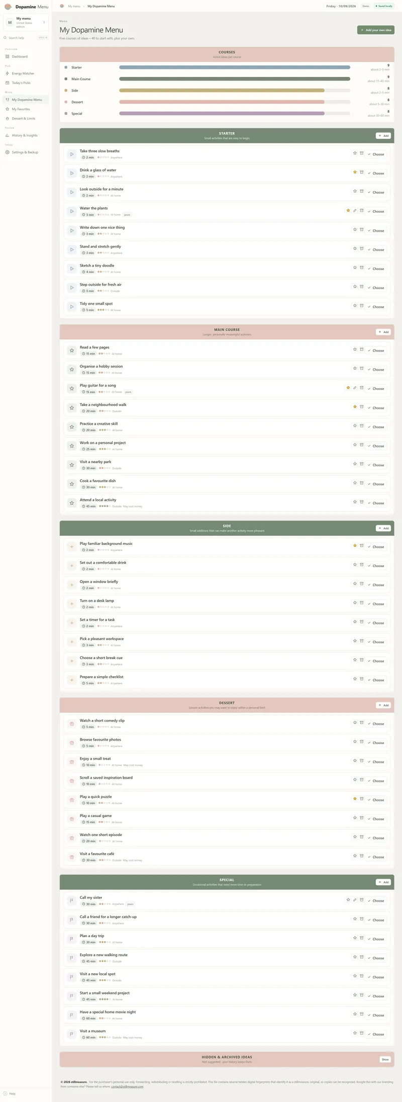 My Dopamine Menu with five course bars and the starter list: Take three slow breaths, Drink a glass of water and more