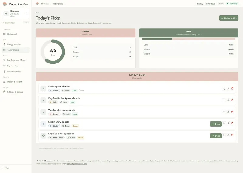Today's Picks: 3 of 5 done, 9 min done and 19 min chosen, two ideas still waiting with a Done button