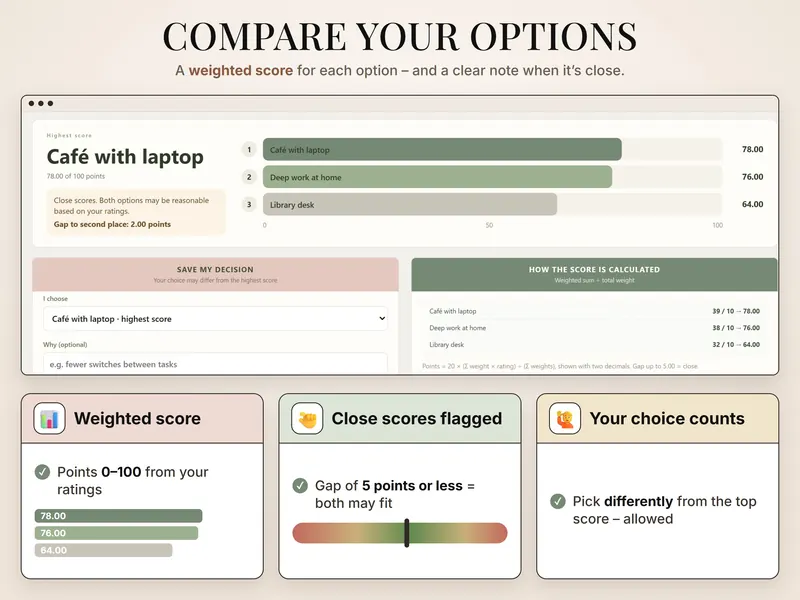 Compare your options: Café with laptop 78.00, Deep work at home 76.00, Library desk 64.00 – close scores, gap of 2.00 points