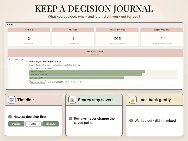 Keep a decision journal: 2 decisions, 1 reviewed, Deep work at home chosen over the highest score and marked Worked out for me