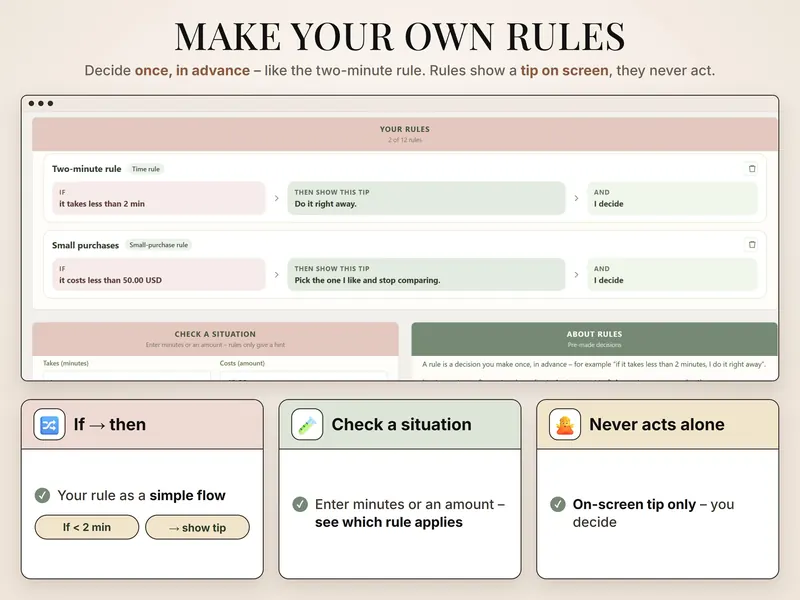 Make your own rules: a two-minute rule showing the tip Do it right away, and a small-purchase rule for less than 50.00 USD
