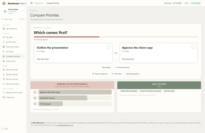 Compare Priorities: Which comes first? with two task cards, About Equal, Pause Comparison and the provisional ranking so far