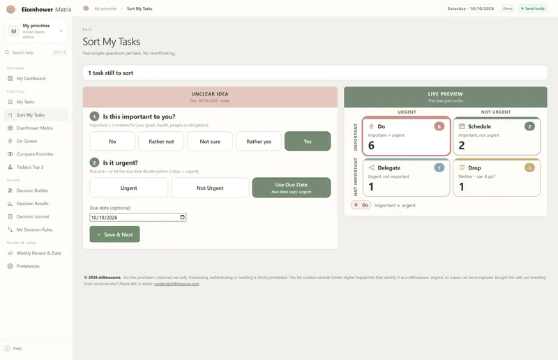 Sort My Tasks: importance set to Yes, Use Due Date selected, live preview showing the task goes to Do