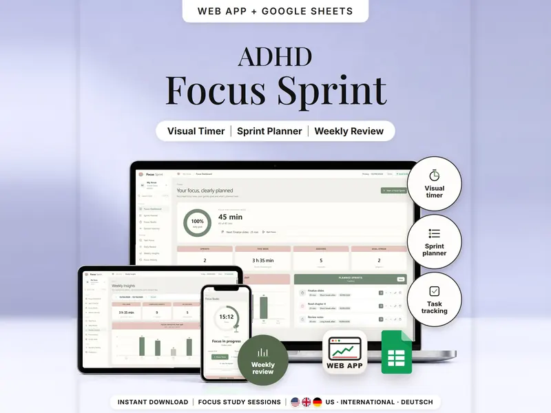 ADHD Focus Sprint: dashboard with 45 min recorded today and 100% of the daily goal, weekly insights on a tablet, a 15:12 timer on a phone
