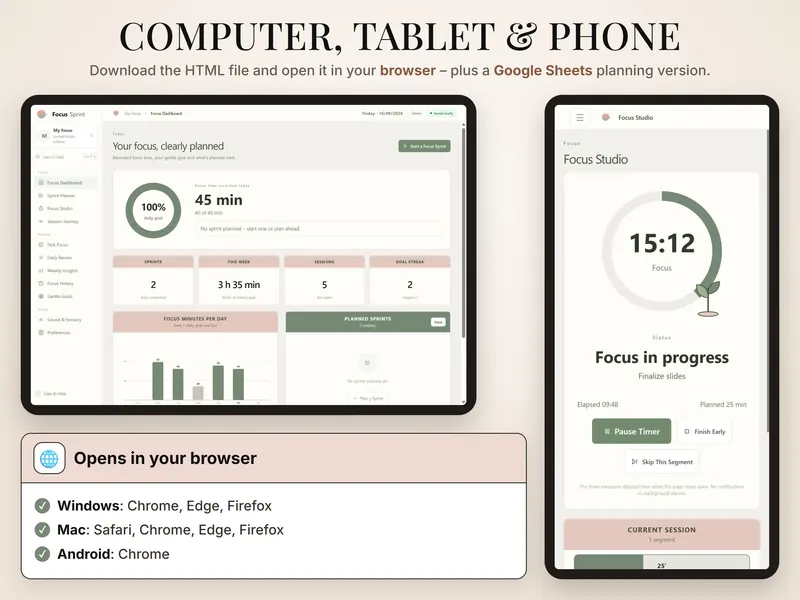 Computer, tablet & phone: the dashboard on a tablet and Focus Studio at 15:12 on a phone, plus supported browsers per system