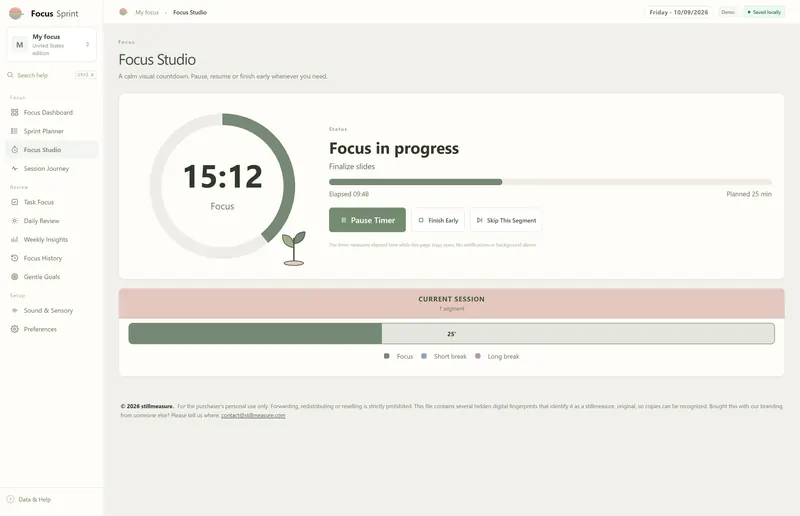 Focus Studio: 15:12 left, Focus in progress on Finalize slides, elapsed 09:48 of 25 min, Pause Timer, Finish Early, Skip This Segment