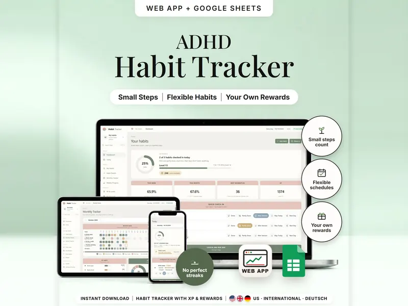ADHD Habit Tracker: web app dashboard on a laptop – 2 of 3 habits checked in, 25% today, level 13 – plus tablet and phone