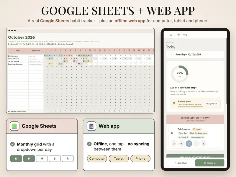 Google Sheets and web app: October 2026 grid with D, P, M, S and R per day beside the web app's Today page at 25%