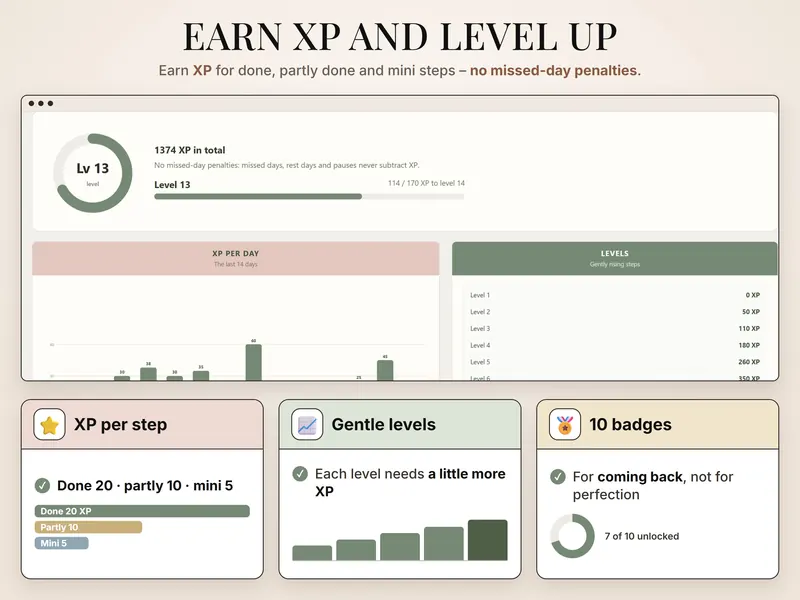 Earn XP and level up: 1374 XP in total, level 13 with 114 / 170 XP to level 14, XP per day and the level table