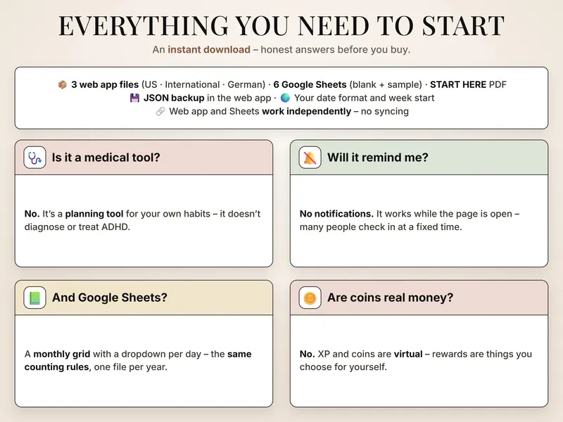 Everything you need to start: list of files and four answers – planning tool, no notifications, Sheets grid, virtual coins